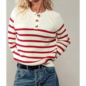 NEW URBAN DAIZY striped ribbed knit henley sweater in red/cream